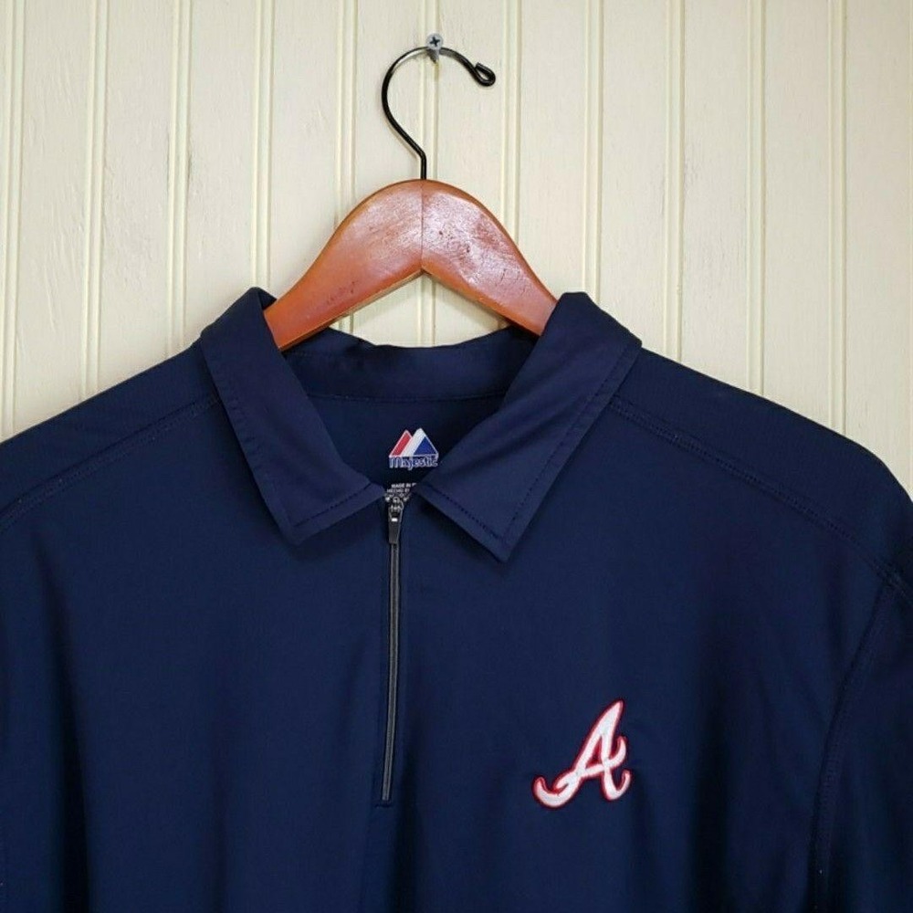 Atlanta Braves Polo Shirt Mens XL Blue MLB Baseball Majestic 1/4‎ Zip Pullover